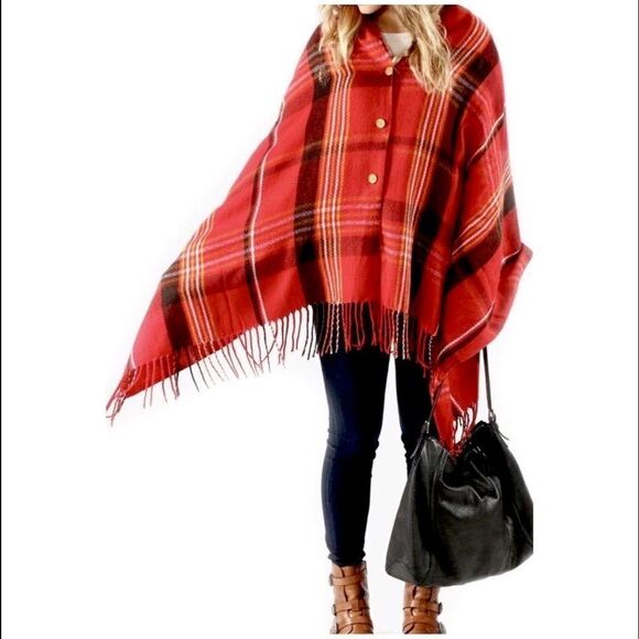 Fringe Trim Plaid Blanket Wrap Shawl Scarf with Buttons - Picture 1 of 11